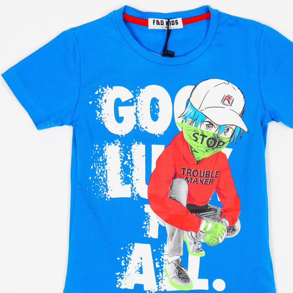 Boys' Trouble Maker' Printed Blue T-Shirt (3-8y) - Clothes4Kids