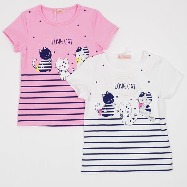 Girls' Love Cat ' Printed Pink/White T-Shirt (3-8y) - Clothes4Kids