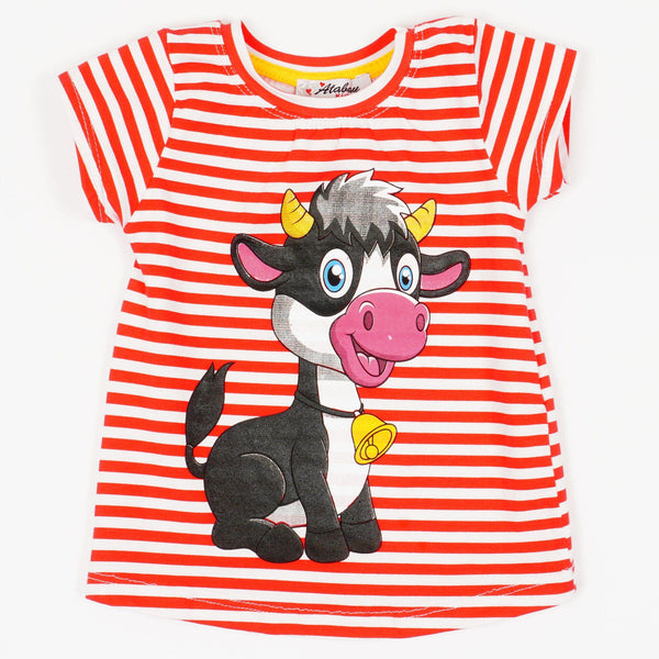 Girls' Happy Cow ' Printed Striped Red/Navy Blue T-Shirt (9m-3y) - Clothes4Kids