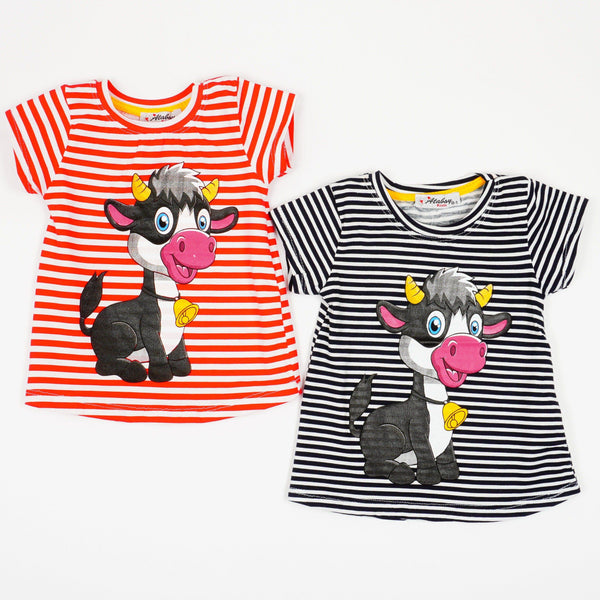 Girls' Happy Cow ' Printed Striped Red/Navy Blue T-Shirt (9m-3y) - Clothes4Kids