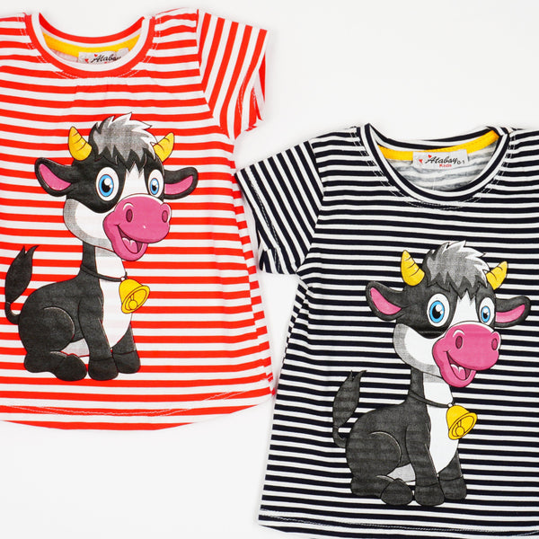 Girls' Happy Cow ' Printed Striped Red/Navy Blue T-Shirt (9m-3y) - Clothes4Kids