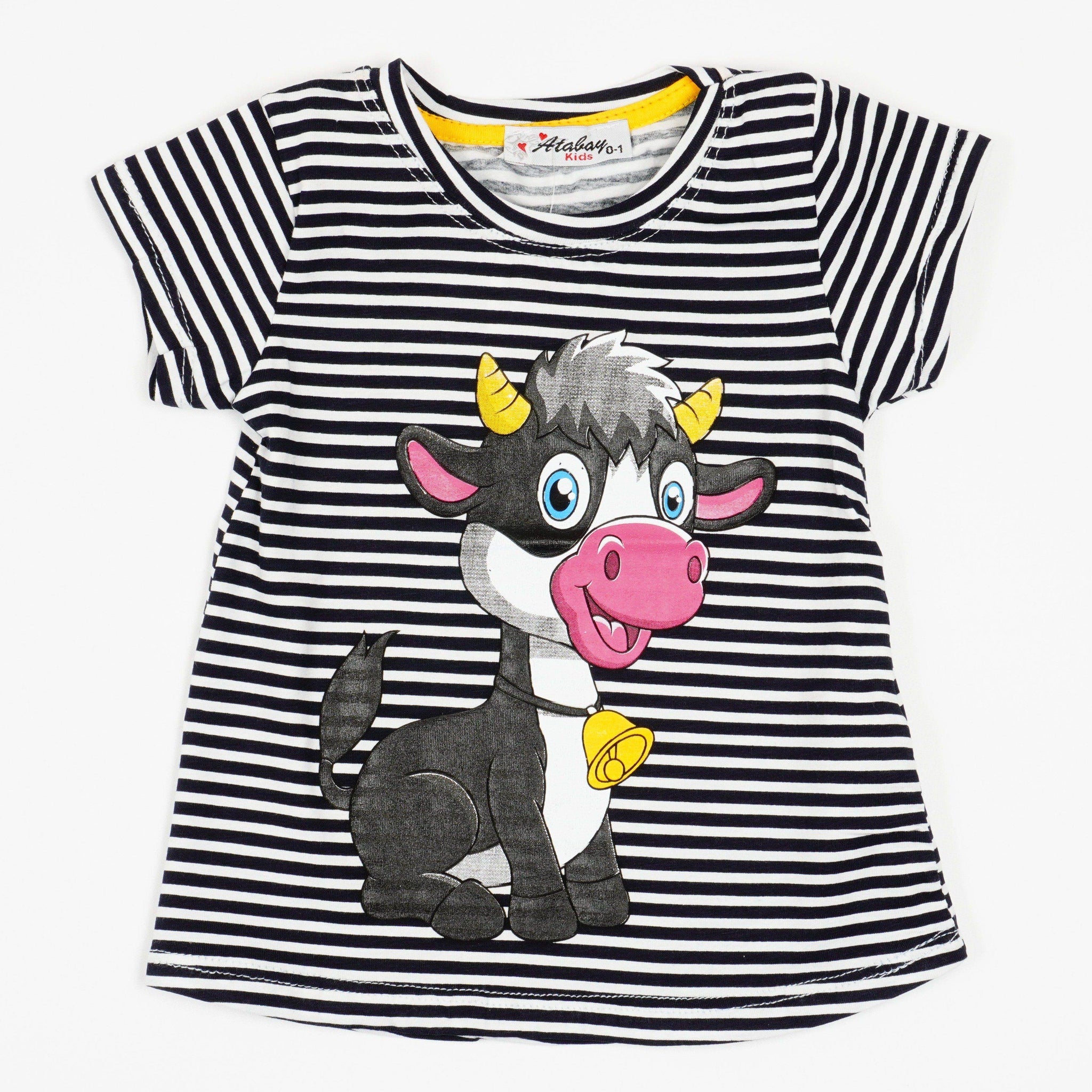 Girls' Happy Cow ' Printed Striped Red/Navy Blue T-Shirt (9m-3y) - Clothes4Kids