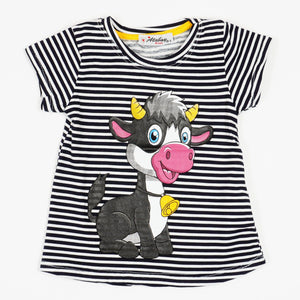 Girls' Happy Cow ' Printed Striped Red/Navy Blue T-Shirt (9m-3y) - Clothes4Kids