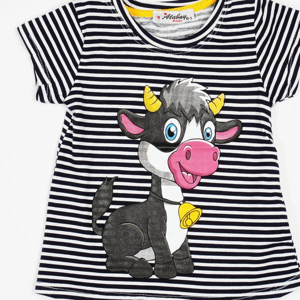 Girls' Happy Cow ' Printed Striped Red/Navy Blue T-Shirt (9m-3y) - Clothes4Kids