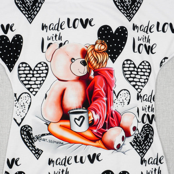 Girls' Made with Love' Teddy Bear White Short Sleeve Dress (8-14y) - Clothes4Kids