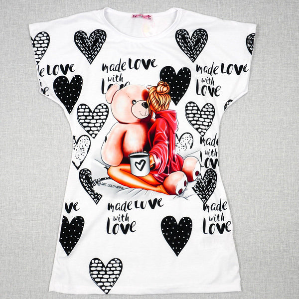 Girls' Made with Love' Teddy Bear White Short Sleeve Dress (8-14y) - Clothes4Kids