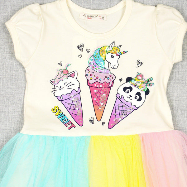 Girls' Sequin ' Sweet Ice Cream Cones' Printed Cream/ Colourful Tulle Dress (18m-6y) - Clothes4Kids