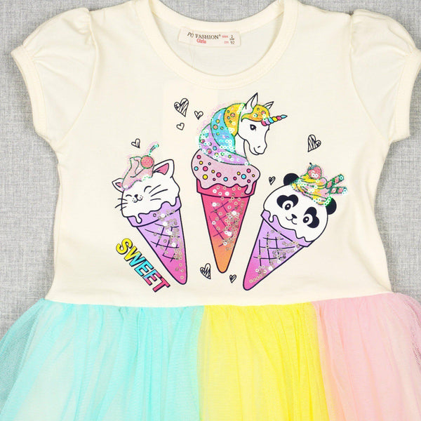 Girls' Sequin ' Sweet Ice Cream Cones' Printed Cream/ Colourful Tulle Dress (18m-6y) - Clothes4Kids