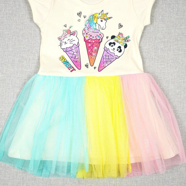 Girls' Sequin ' Sweet Ice Cream Cones' Printed Cream/ Colourful Tulle Dress (18m-6y) - Clothes4Kids