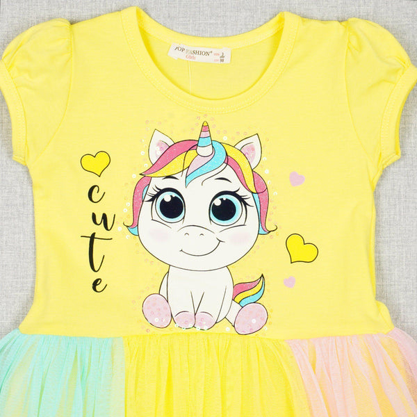 Girls' Sequin ' Cute Unicorn ' Printed Yellow/ Colourful Tulle Dress (2-8y) - Clothes4Kids