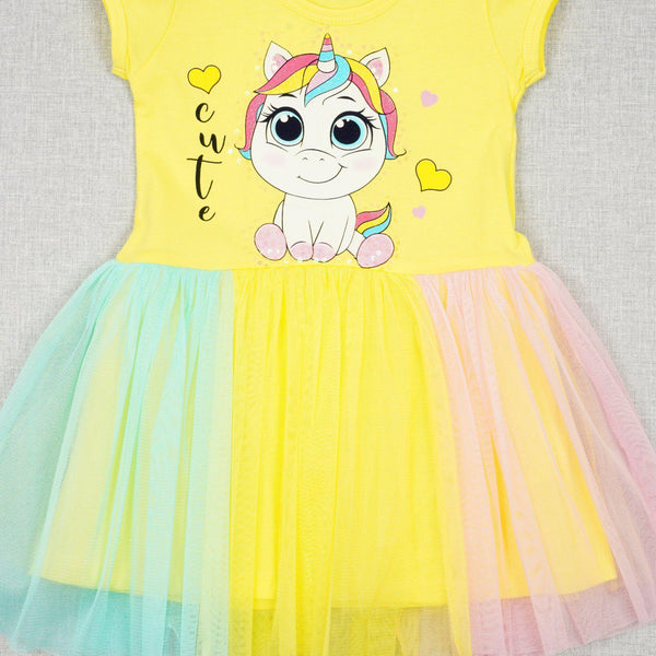 Girls' Sequin ' Cute Unicorn ' Printed Yellow/ Colourful Tulle Dress (2-8y) - Clothes4Kids