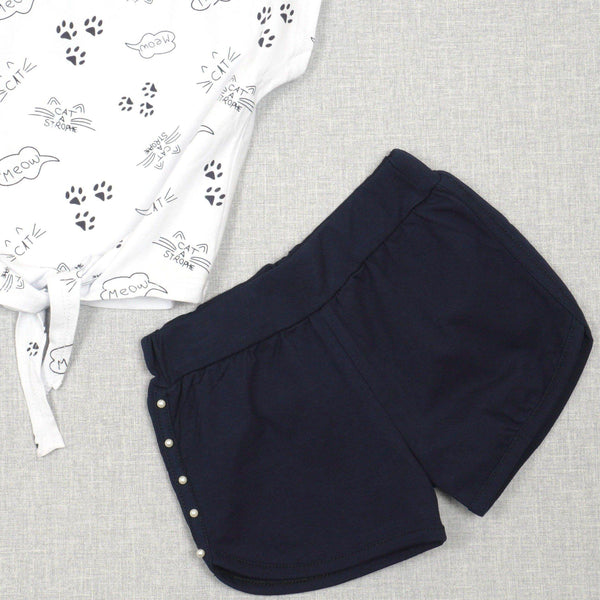 Girls' Cat Meaw' Printed White/Navy Blue Summer Set (4-8y) - Clothes4Kids