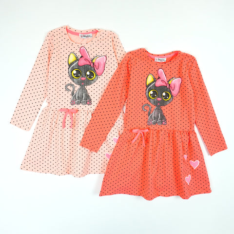 Girls' Long Sleeve Cat Printed Polka Dot Dress (9m-8y)