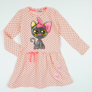 Girls' Long Sleeve Cat Printed Polka Dot Dress (9m-8y)