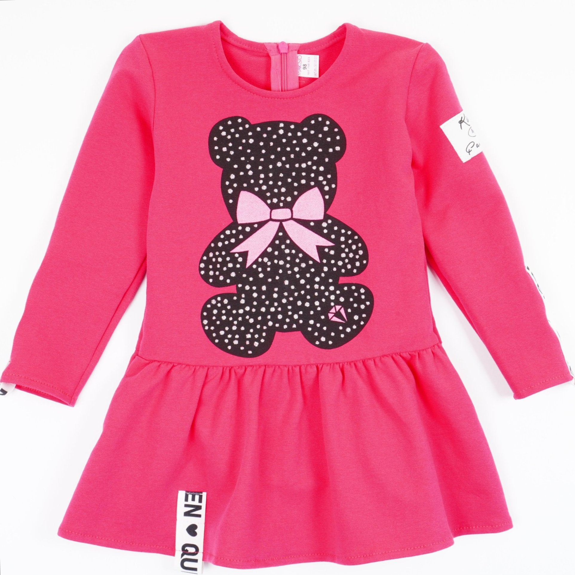 Girls' Long Sleeve Raspberry Pink Teddy Bear Dress (2-5y)