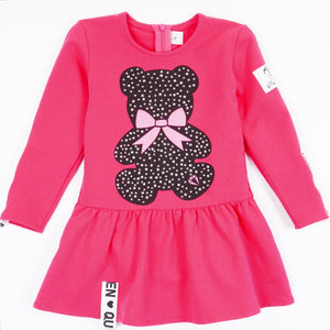 Girls' Long Sleeve Raspberry Pink Teddy Bear Dress (2-5y)