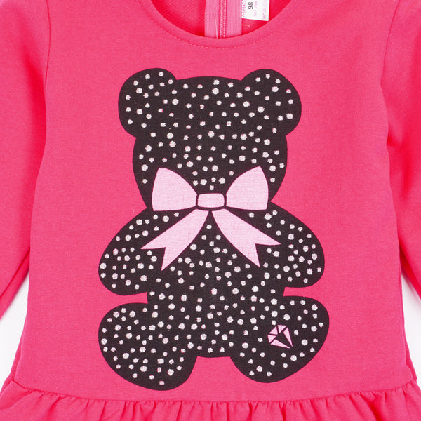 Girls' Long Sleeve Raspberry Pink Teddy Bear Dress (2-5y)