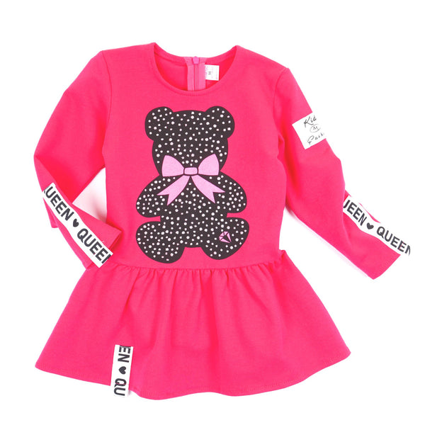 Girls' Long Sleeve Raspberry Pink Teddy Bear Dress (2-5y)