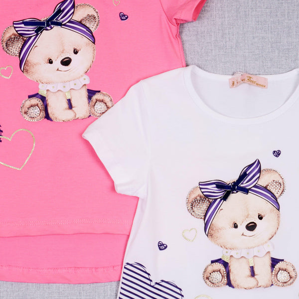 Girls' Teddy Bear ' Printed Pink/White T-Shirt / Tunic (2-7y) - Clothes4Kids