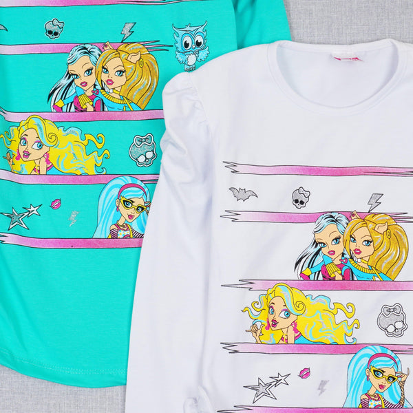 Girls' Monster High' Printed Long Sleeve White/Mint Top (6-12y) - Clothes4Kids