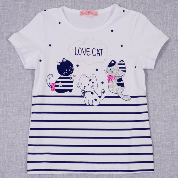 Girls' Love Cat ' Printed Pink/White T-Shirt (3-8y) - Clothes4Kids
