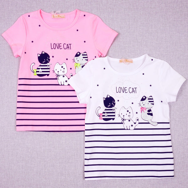 Girls' Love Cat ' Printed Pink/White T-Shirt (3-8y) - Clothes4Kids