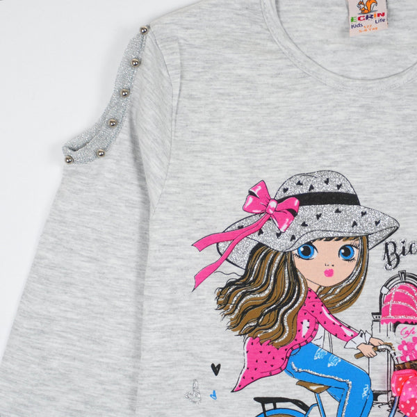Girls' Bicycle Flowers' Printed Long Sleeve Top Light Grey (18m-5y) - Clothes4Kids