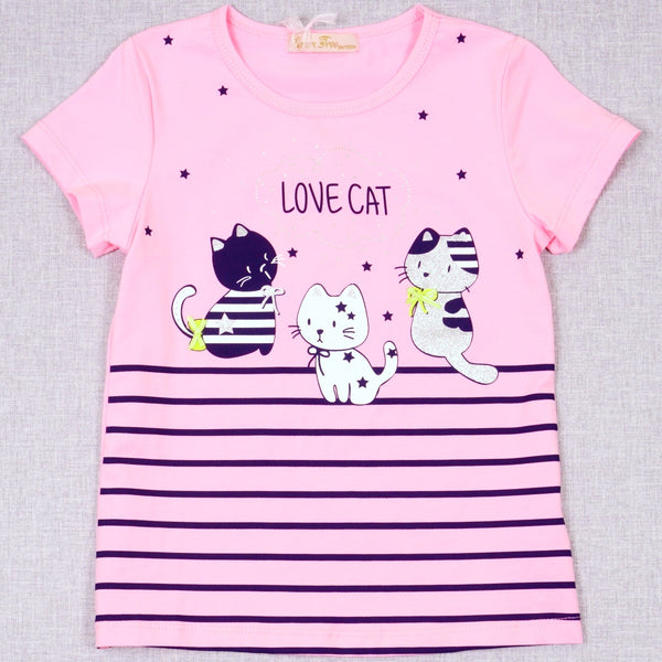 Girls' Love Cat ' Printed Pink/White T-Shirt (3-8y) - Clothes4Kids