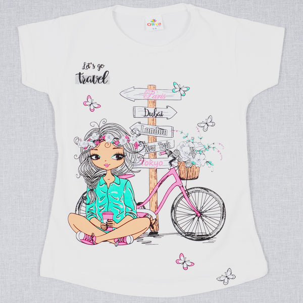 Girls' Let's Go Travel' Printed T-shirt Peach/White (3-8y)