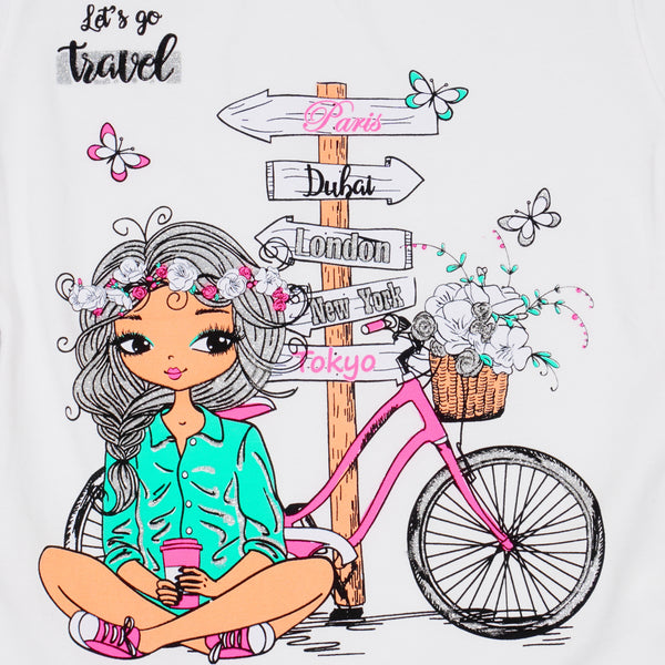 Girls' Let's Go Travel' Printed T-shirt Peach/White (3-8y)