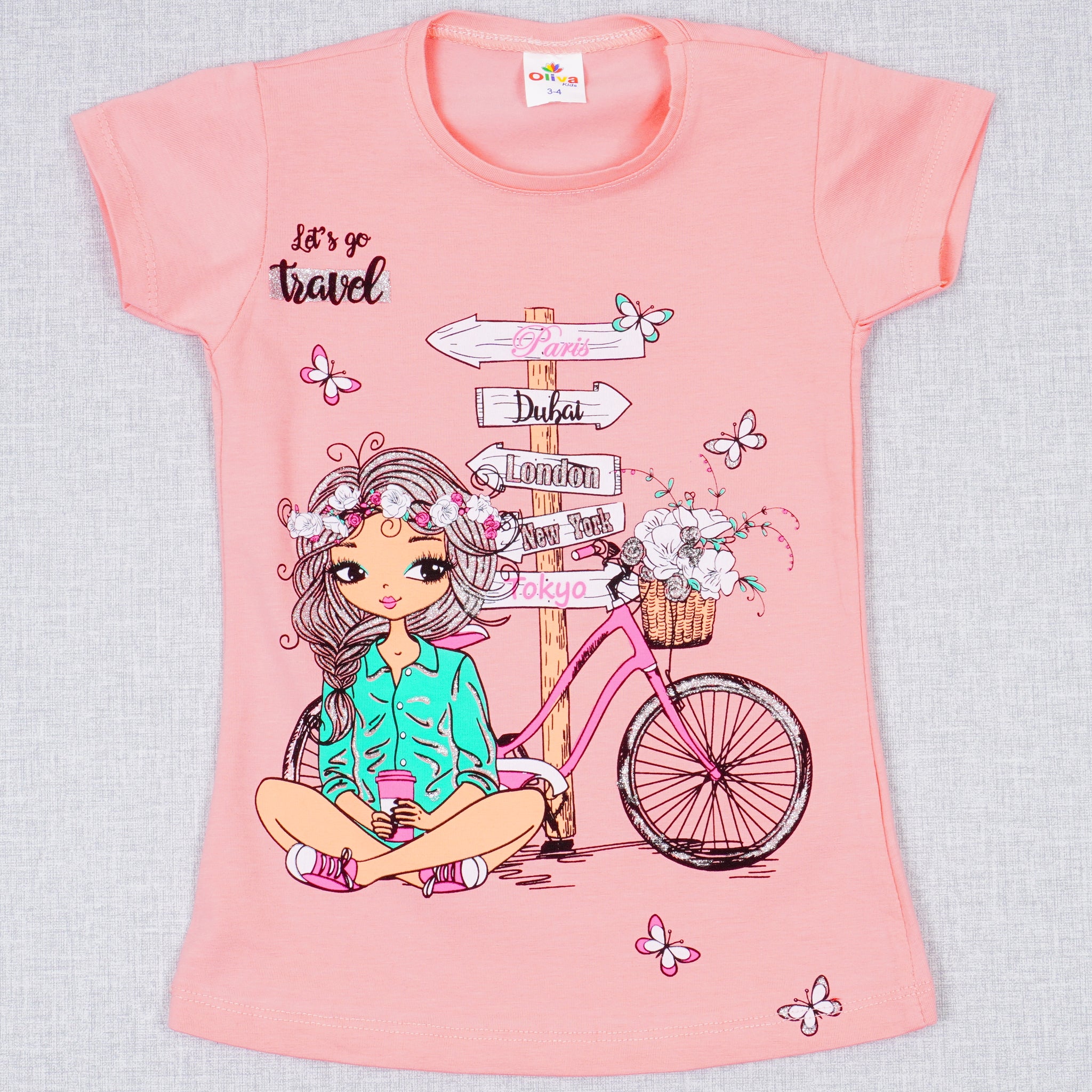 Girls' Let's Go Travel' Printed T-shirt Peach/White (3-8y)