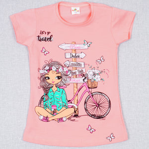 Girls' Let's Go Travel' Printed T-shirt Peach/White (3-8y)