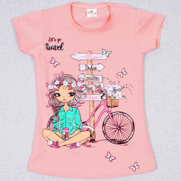 Girls' Let's Go Travel' Printed T-shirt Peach/White (3-8y)