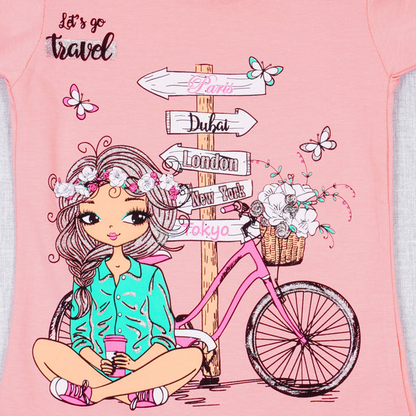 Girls' Let's Go Travel' Printed T-shirt Peach/White (3-8y)
