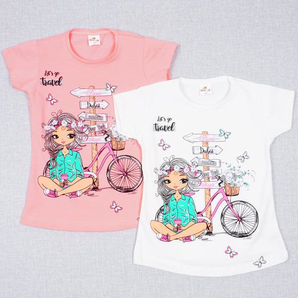 Girls' Let's Go Travel' Printed T-shirt Peach/White (3-8y)