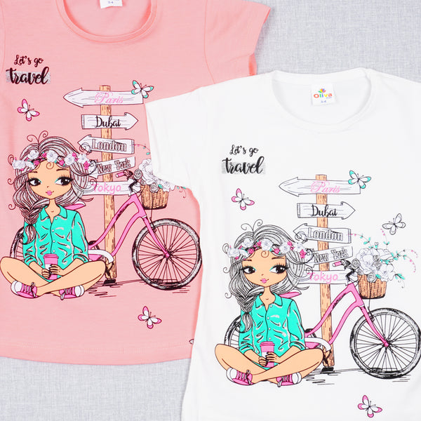 Girls' Let's Go Travel' Printed T-shirt Peach/White (3-8y)