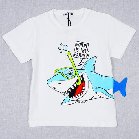 Boys' Where Is The Party?' Shark Printed White T-Shirt (1-4y) - Clothes4Kids