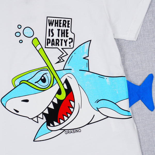 Boys' Where Is The Party?' Shark Printed White T-Shirt (1-4y) - Clothes4Kids