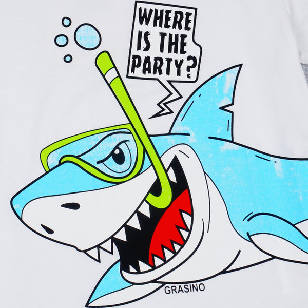 Boys' Where Is The Party?' Shark Printed White T-Shirt (1-4y) - Clothes4Kids