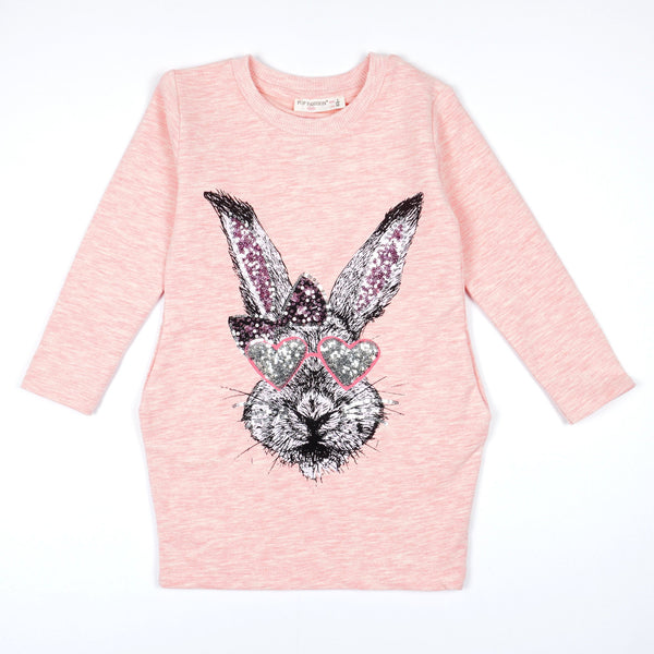 Girls' Sequin Long Sleeve Rabbit/Bunny Peach Melange Tunic *Last size-98(2-3y)*