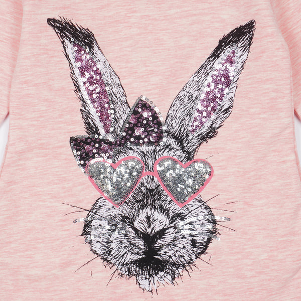 Girls' Sequin Long Sleeve Rabbit/Bunny Peach Melange Tunic *Last size-98(2-3y)*