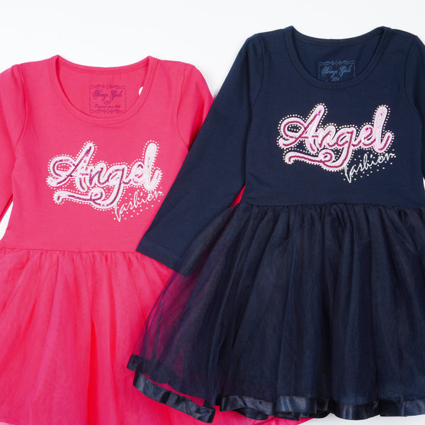 Girls' Sequin Angel Long Sleeve Tulle Dress Pink/Navy Blue (3-9y) - Clothes4Kids
