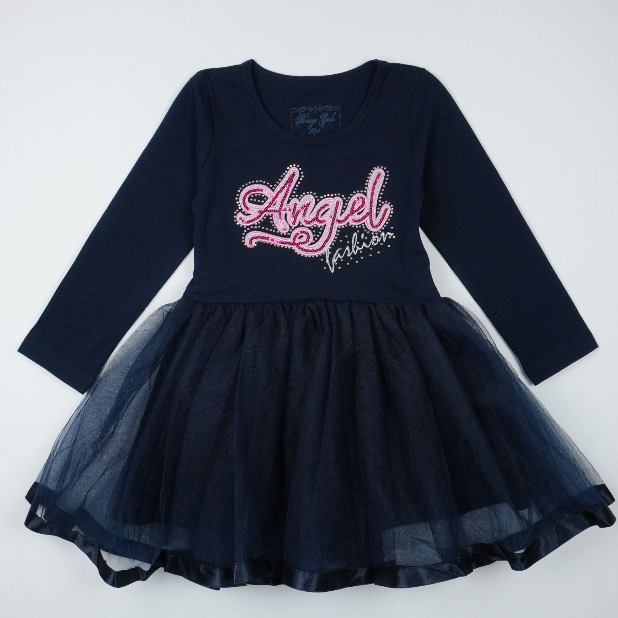 Girls' Sequin Angel Long Sleeve Tulle Dress Pink/Navy Blue (3-9y) - Clothes4Kids