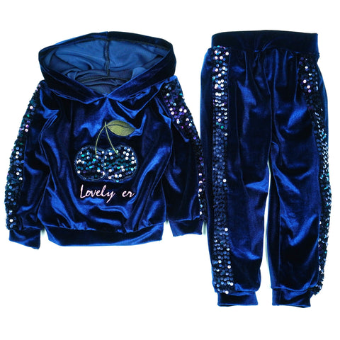 Girls' Velour Sequin 'Love Cherry' Navy Blue Set (9m-3y) - Clothes4Kids