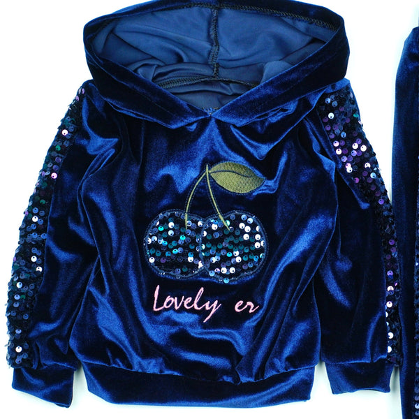 Girls' Velour Sequin 'Love Cherry' Navy Blue Set (9m-3y) - Clothes4Kids