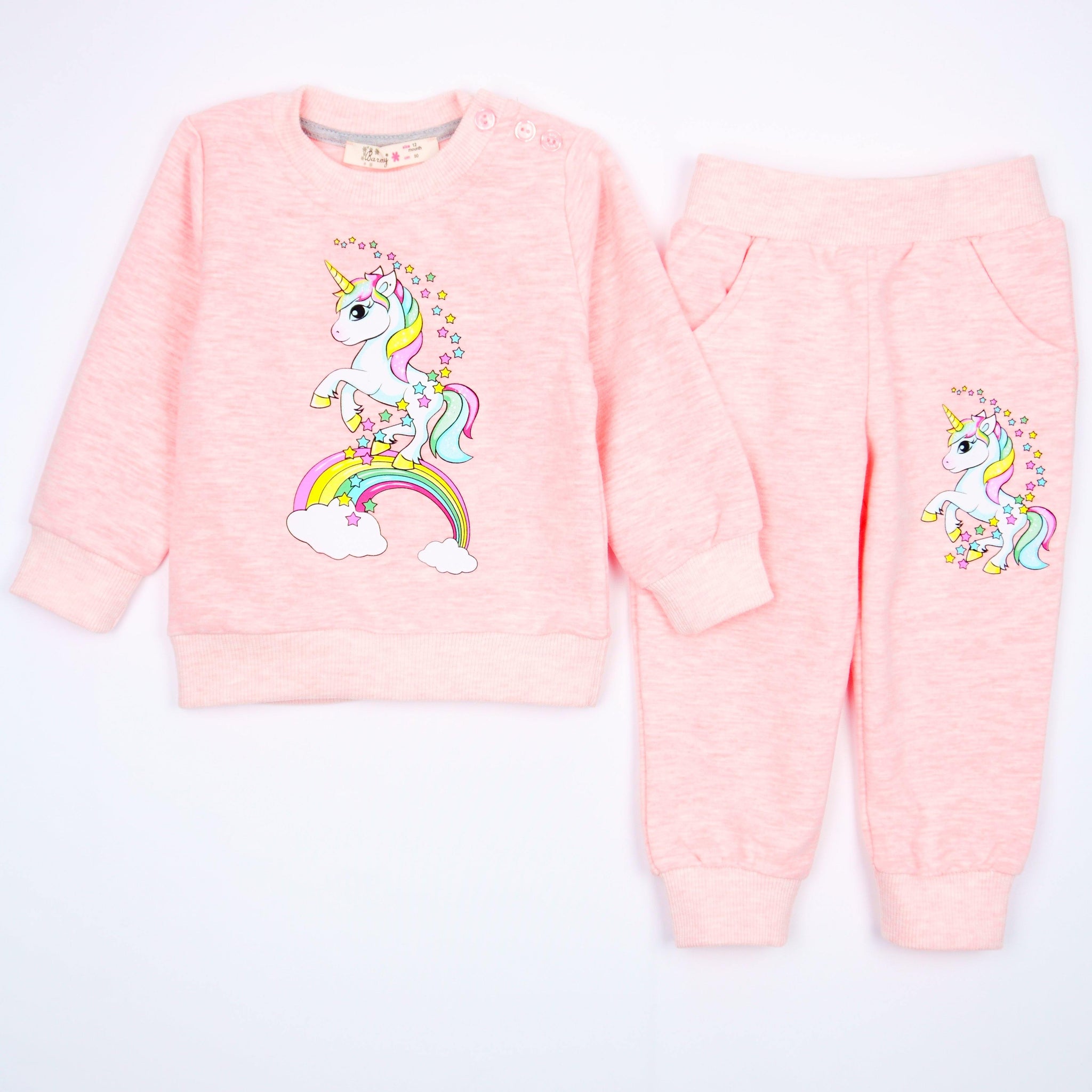 Girls' Unicorn Printed Pink Melange Tracksuit (6m-3y) - Clothes4Kids