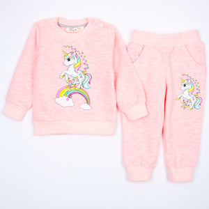 Girls' Unicorn Printed Pink Melange Tracksuit (6m-3y) - Clothes4Kids
