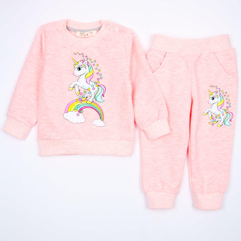 Girls' Unicorn Printed Pink Melange Tracksuit (6m-3y) - Clothes4Kids