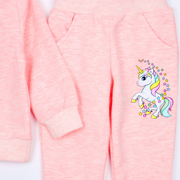 Girls' Unicorn Printed Pink Melange Tracksuit (6m-3y) - Clothes4Kids
