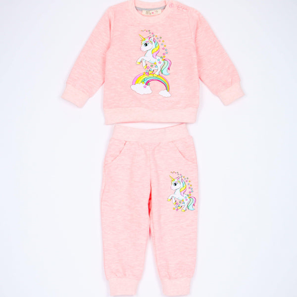 Girls' Unicorn Printed Pink Melange Tracksuit (6m-3y) - Clothes4Kids